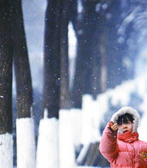 雍和宫公交车站旁,一名女孩伸手触摸空中飘落的雪花.